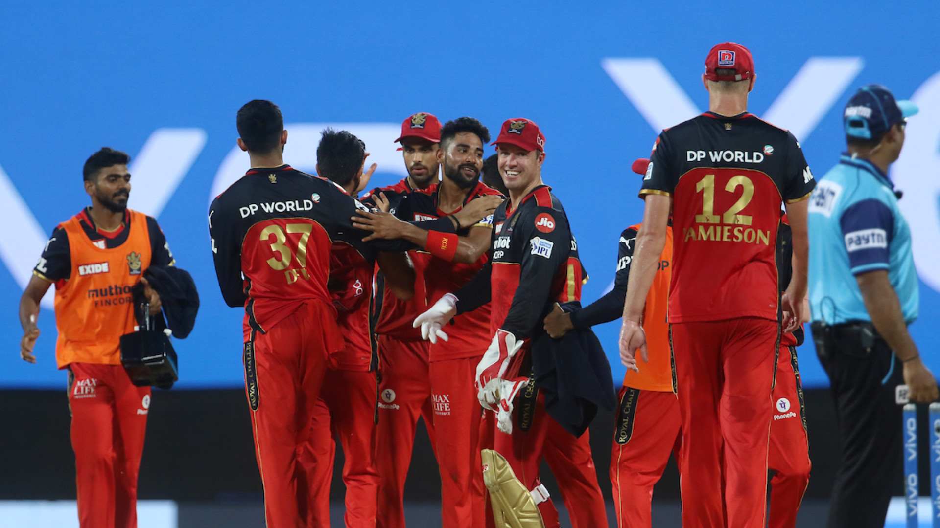RCB players celebrate the win over SRH. (Image credit: Twitter)