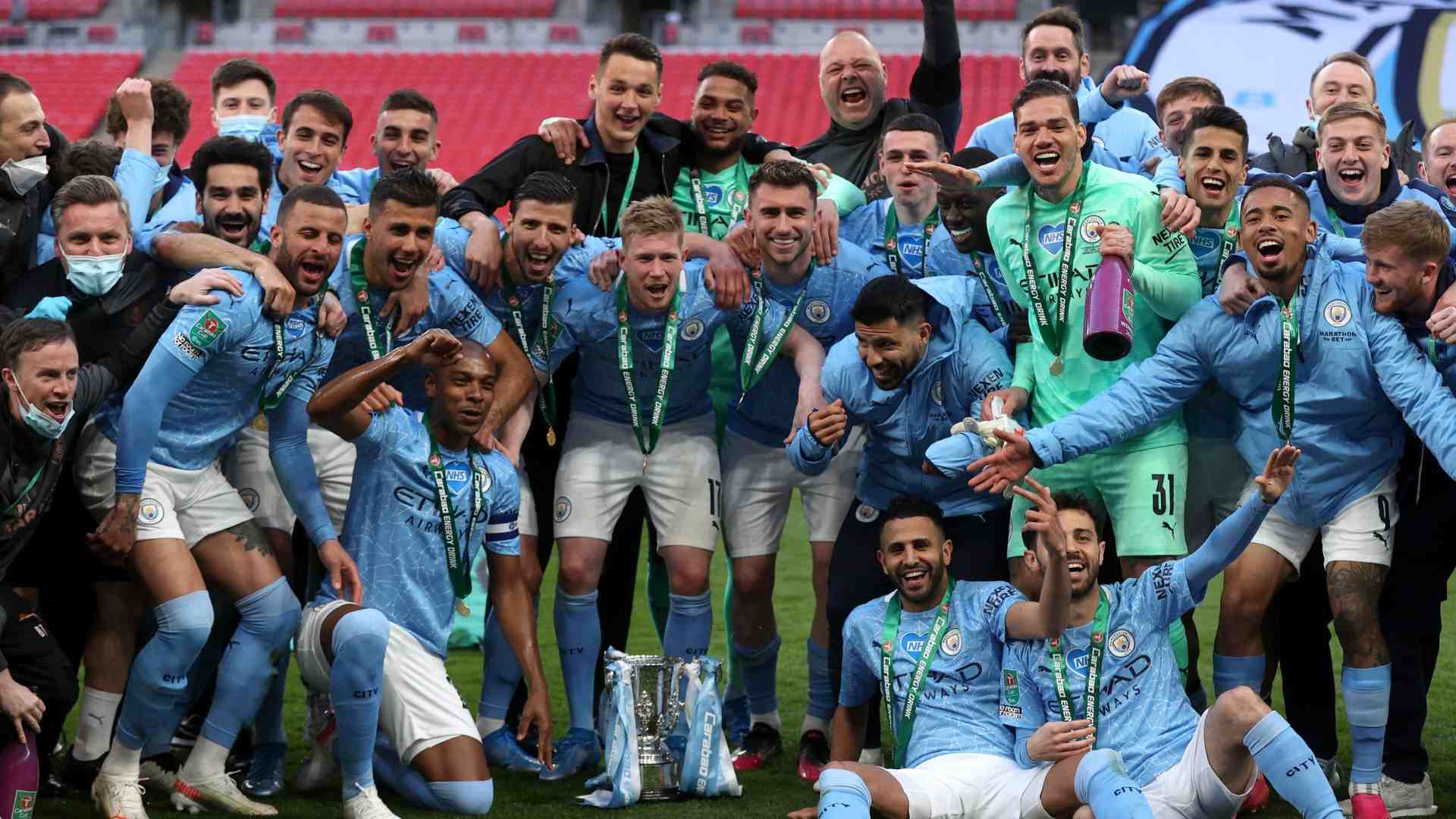 Manchester City celebrate winning the Carabao Cup. (Image: Twitter/@ManCity)