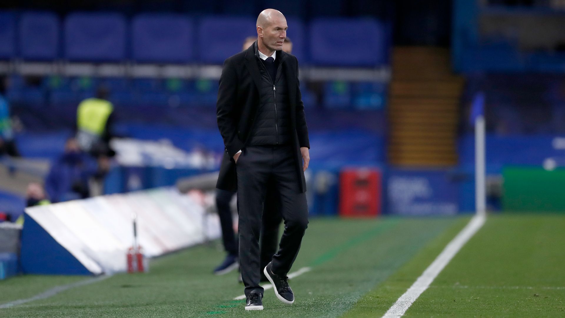 Real Madrid manager Zinedine Zidane on the touchline; Credit: Real Madrid Twitter