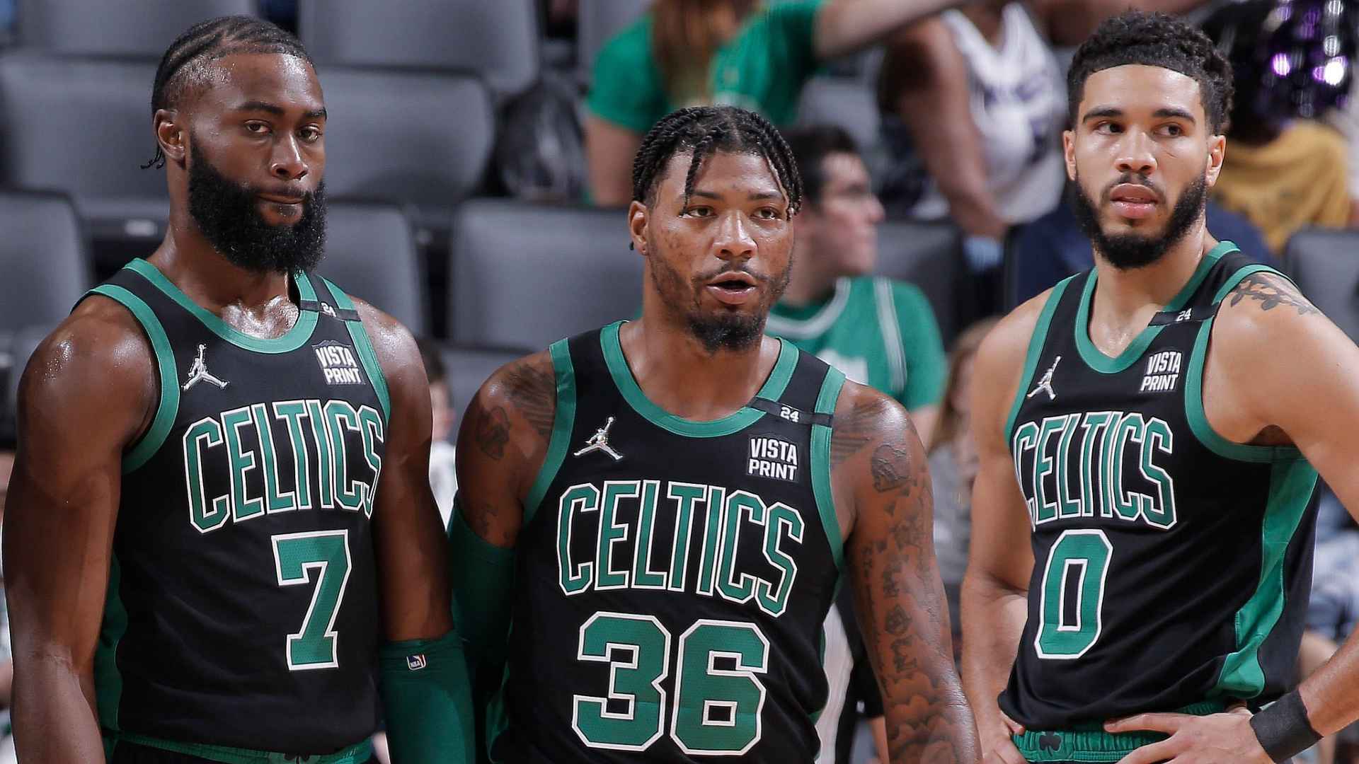 Jaylen Brown, Marcus Smart and Jayson Tatum of the Boston Celtics in a file photo. (Image credits: twitter)