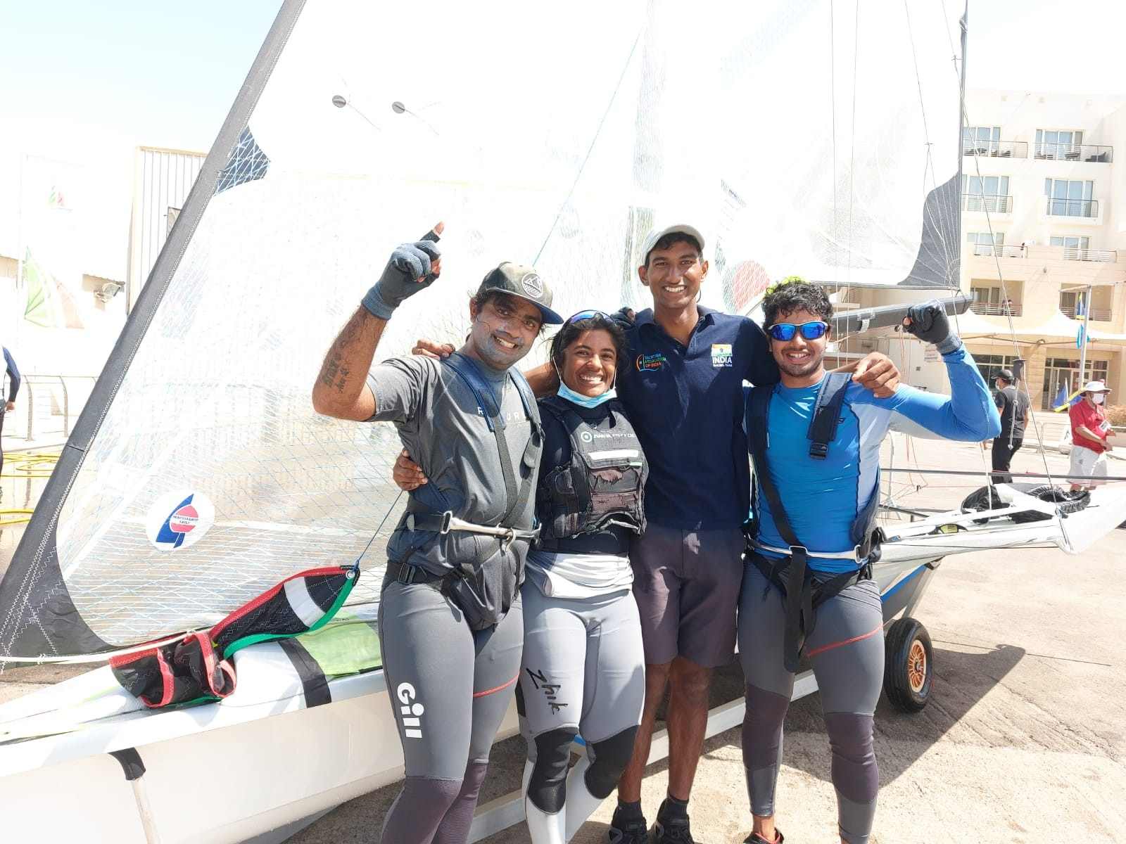 Left to right: India’s Olympic-bound sailors Vishnu Ganapathy, Nethra Kumanan, Vishnu Saravanan and Varun Thakkar; Credit: SAIMedia twitter