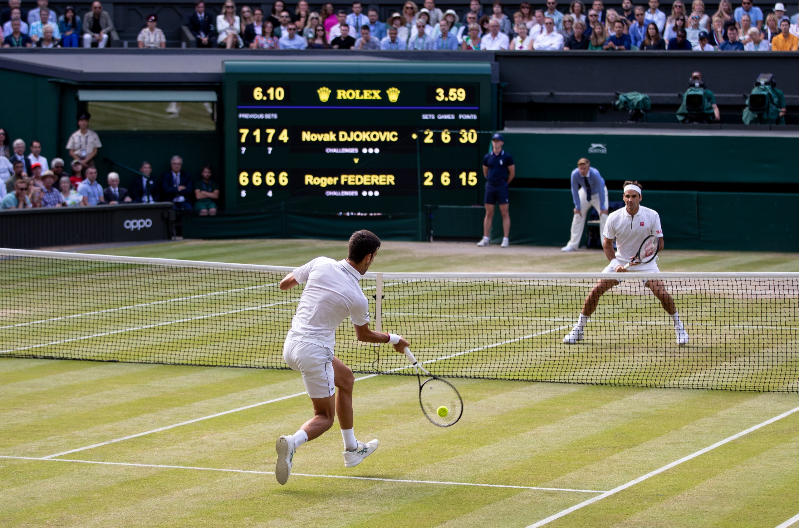 Novak Djokovic plays Roger Federer in file photo; Credit: Wimbledon Twitter page